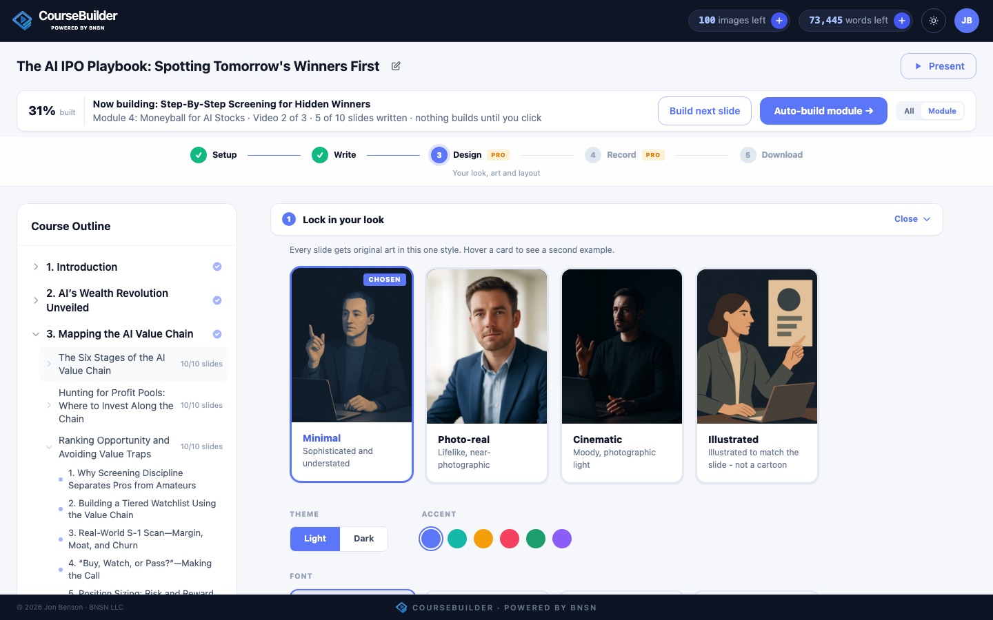 Choosing an art style, theme, accent and font in CourseBuilder